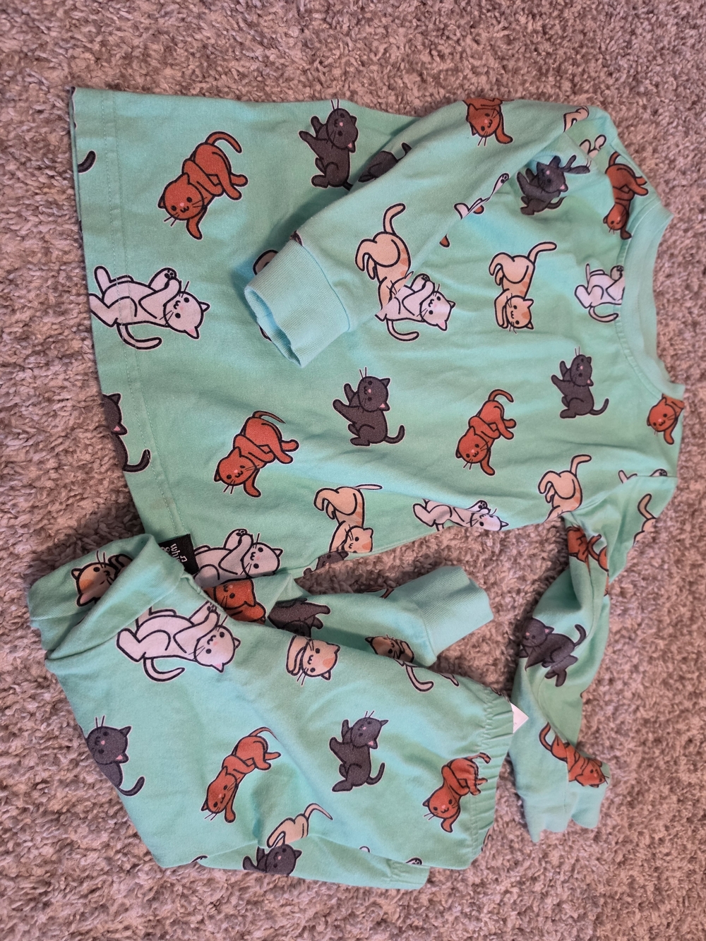 Whistle And Flute Kids Mint Green Kawaii Cat Print Pajama Set